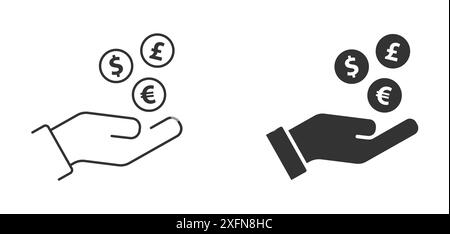 Hand with money icons. Hand holding dollar, euro, and pound coins. Tax return, vat refund or other money back operations symbol. Coins of different cu Stock Vector