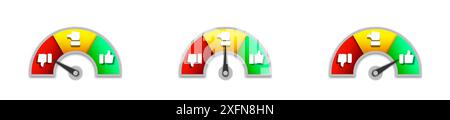 Set of colorful measuring speedometers with like and dislike icons. Infographic gauge elements. Flat vector illustration Stock Vector