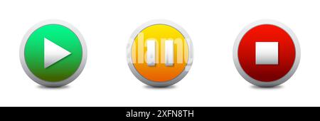 Play, stop, and pause round color buttons. Three media icons. Flat vector illustration Stock Vector