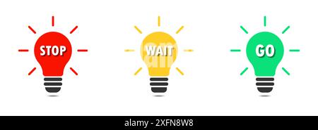 Stop, wait, and go color icons. Green Yellow and Red light bulbs with lettering. Flat vector illustration Stock Vector