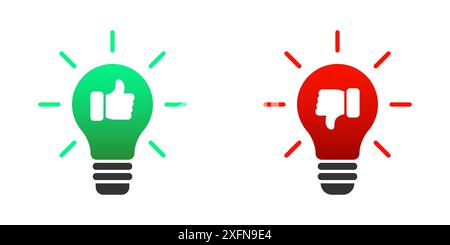 Light Bulb and like dislike symbols. Thumbs up and thumbs down icons. Do and Don't symbols. Vector illustration Stock Vector