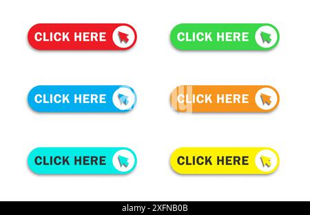 Click here button with arrow pointer clicking icon. Web button. Flat vector illustration Stock Vector