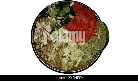 An illustration of a dish called Soto Ayam or chicken soup as it is known in English. Stock Vector