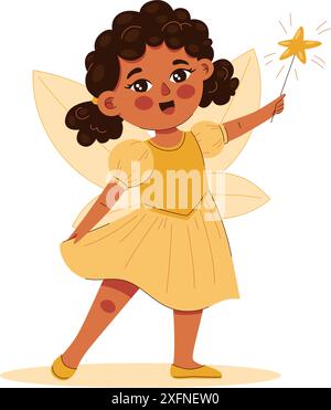 Cute curly girl in fairy costume, happy child at masquerade party Stock Vector