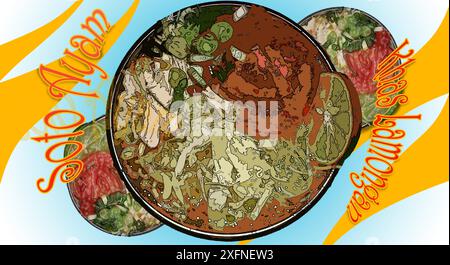 An illustration of a dish called Soto Ayam or chicken soup as it is known in English. Stock Vector