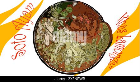 An illustration of a dish called Soto Ayam or chicken soup as it is known in English. Stock Vector