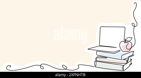 Books stack with notebook and apple over. Corner frame. Stock Vector