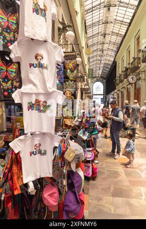 Puebla tourism; gifts and souvenirs for sale in a shopping arcade in Puebla city center, Puebla, Mexico. Mexico travel. Stock Photo