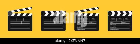 Clapper board vector icon set. Opened and closed movie clapper film clap board. Movie, cinema, film symbol concept. Director clapboard. Filmmaking, video production industry equipment. Stock Vector