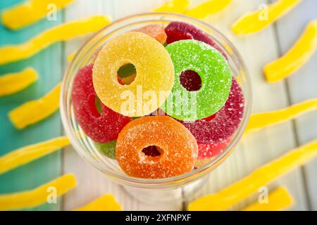 jelly candy on wood background top view Stock Photo