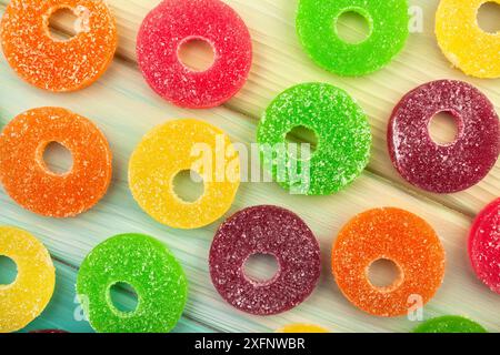 jelly candy on wood background top view Stock Photo