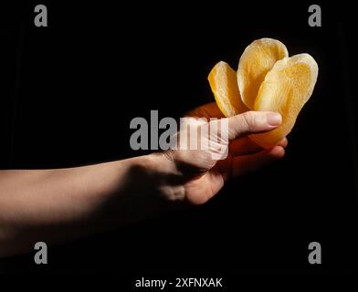 dried mango in hand on black background Stock Photo