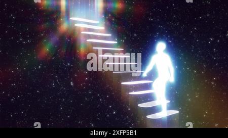 3d render of a glowing man climbing the steps in the astral space Stock Photo