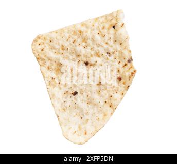 Close-up of a single triangular tortilla chip isolated on a white background, showcasing its texture. Stock Photo