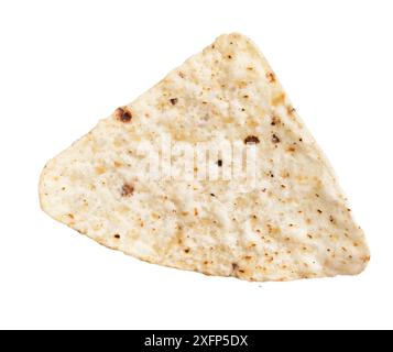 Close-up isolated image of a single triangular tortilla chip against a white background. Stock Photo