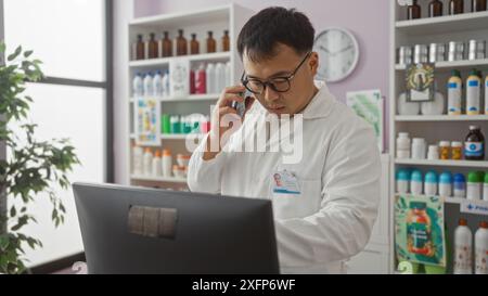 Young chinese man pharmacist using touchpad working at pharmacy Stock ...