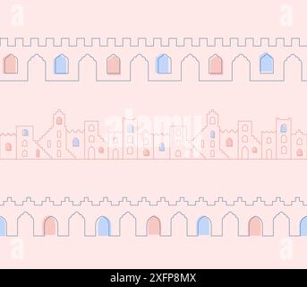 Arabian muslim city wall with oriental patterned top. Flat line ornamental seamless border with windows, arches, gates. Stock Vector