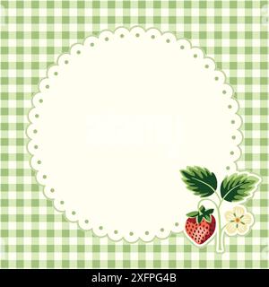 Cottage Core Garden Strawberry and Gingham Round Vector Frame. Vintage Invitation Design Stock Vector
