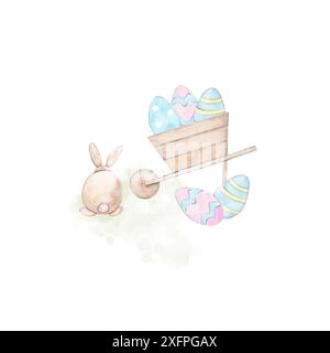 Hand-drawn watercolor illustration with easter basket and eggs ...