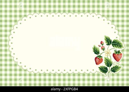 Cottage Core Garden Strawberry and Gingham Oval Vector Frame. Vintage Invitation Design Stock Vector