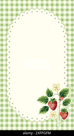 Cottage Core Garden Strawberry and Gingham Oval Vector Frame. Vintage Invitation Design Stock Vector