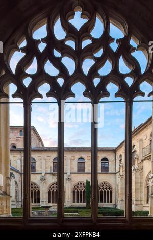 Ona, Spain, November 25, 2023 : Cloister of The Monastery of San Salvador (Holy Savior) Benedictine monastery in the town of Ona, province of Burgos Stock Photo