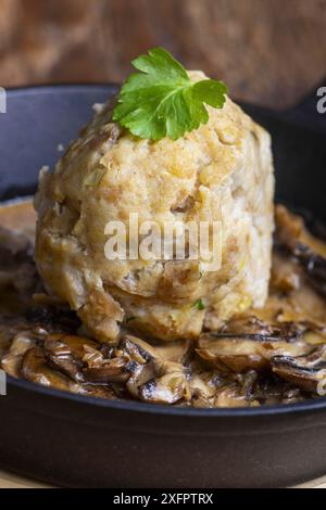 Bavarian bread dumplings in mushroom sauce Stock Photo