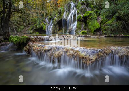 Tufs waterfall, Cuisance river, in autumn Jura, Les Planches-pres-Arbois, France, October. Stock Photo