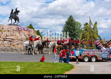 One hundredth anniversary of bronze 'The Scout' statue of Buffalo Bill Cody was celebrated July 4, 2024, Cody, Wyoming. Horseman salute monument. Stock Photo