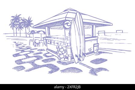 Vector monochrome illustration of beach kiosk. Art in a stripped-down style with simple strokes. Stock Vector