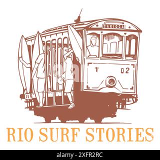 ector illustration of tram with surfers and skaters passengers. Handmade drawing in stripped strokes. Art for printing on t-shirts, posters and etc... Stock Vector
