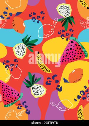 Vector illustration of pattern with stylized tropical fruits and pizza pieces. Stock Vector
