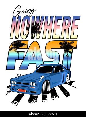 Vector illustration of car with text and tropical elements in the background. Art for prints on t-shirts, posters, etc... Stock Vector