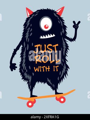 Vector colorful illustration of cartoon skater monster in stripped style. Art for print on t-shirts, posters and etc ... Stock Vector