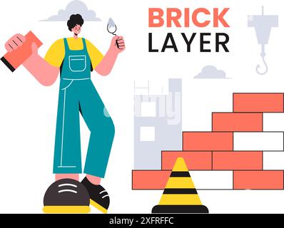 Vector Illustration of a Bricklayer Worker with People Constructing and Laying Bricks to Build a Wall in a Flat Cartoon Background Stock Vector