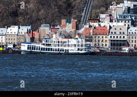 Lower town of Quebec City across the St. Lawrence River from Quai Paquet park in Levis, Quebec, Canada Stock Photo