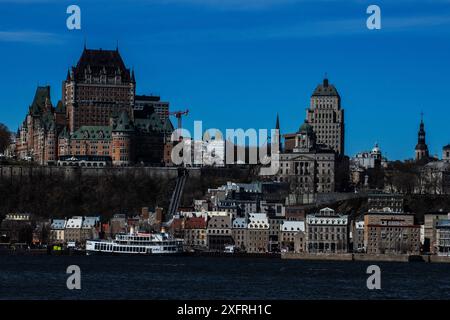 Chateau Frontenac in Quebec City across the St. Lawrence River from Quai Paquet park in Levis, Quebec, Canada Stock Photo