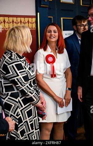 Melanie Onn, Labour candidate for the Great Grimsby and Cleethorpes Borough, during the General Election Count for the Great Grimsby and Cleethorpes Borough Constituency and Brigg and Immingham County Constituency, held at Grimsby Town Hall, Grimsby, UK. 4th July 2024.  Photo by Jon Corken Alamy Live News Stock Photo