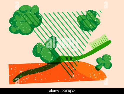 Risograph Toothbrush with geometric shapes. Objects in trendy riso graph print texture style design with geometry elements. Stock Vector