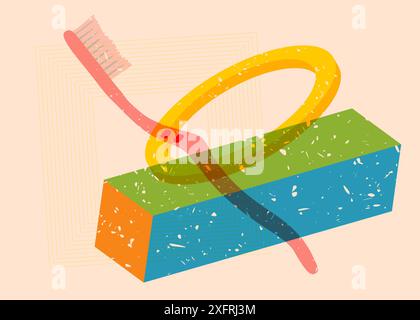 Risograph Toothbrush with geometric shapes. Objects in trendy riso graph print texture style design with geometry elements. Stock Vector
