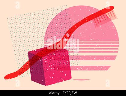 Risograph Toothbrush with geometric shapes. Objects in trendy riso graph print texture style design with geometry elements. Stock Vector