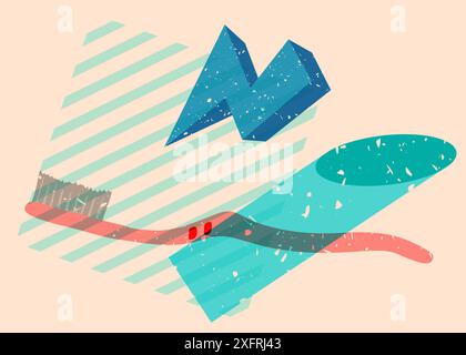 Risograph Toothbrush with geometric shapes. Objects in trendy riso graph print texture style design with geometry elements. Stock Vector