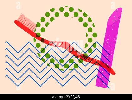 Risograph Toothbrush with geometric shapes. Objects in trendy riso graph print texture style design with geometry elements. Stock Vector