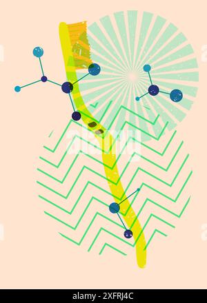 Risograph Toothbrush with geometric shapes. Objects in trendy riso graph print texture style design with geometry elements. Stock Vector