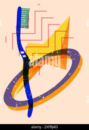 Risograph Toothbrush with geometric shapes. Objects in trendy riso graph print texture style design with geometry elements. Stock Vector