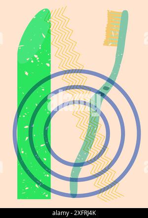 Risograph Toothbrush with geometric shapes. Objects in trendy riso graph print texture style design with geometry elements. Stock Vector