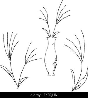 Silver grass line drawing illustration, variety set. Stock Vector