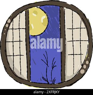 Night sky of the viewing the moon from a window, freehand drawing illustration. Stock Vector