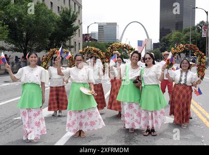 St. Louis, United States. 04th July, 2024. Women from the Filipino community march in the America's Birthday Parade in St. Louis on Thursday, July 4, 2024. Photo by Bill Greenblatt/UPI Credit: UPI/Alamy Live News Stock Photo