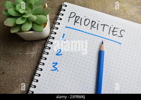 Concept of Priorities write on book with keywords. Supported by an additional services isolated on Wooden Table. Stock Photo